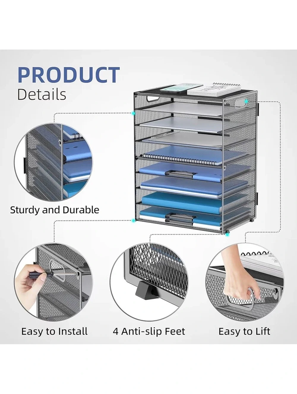 9-Tier Black Mesh Paper Organizer with Handles and Sliding Trays for Desk